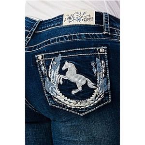 Grace in LA Women's Horse Embroidered Embellished Pocket Bootcut Stretch Jeans